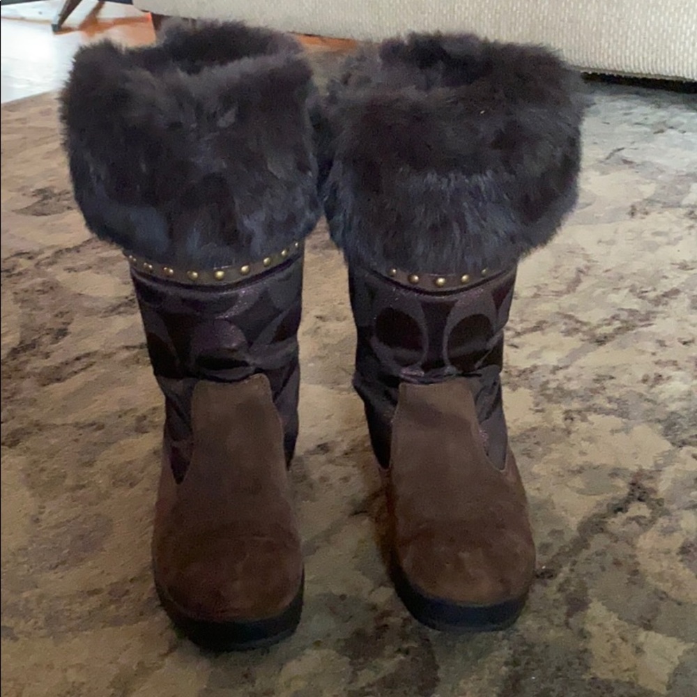 Brown Coach brand boots with fur